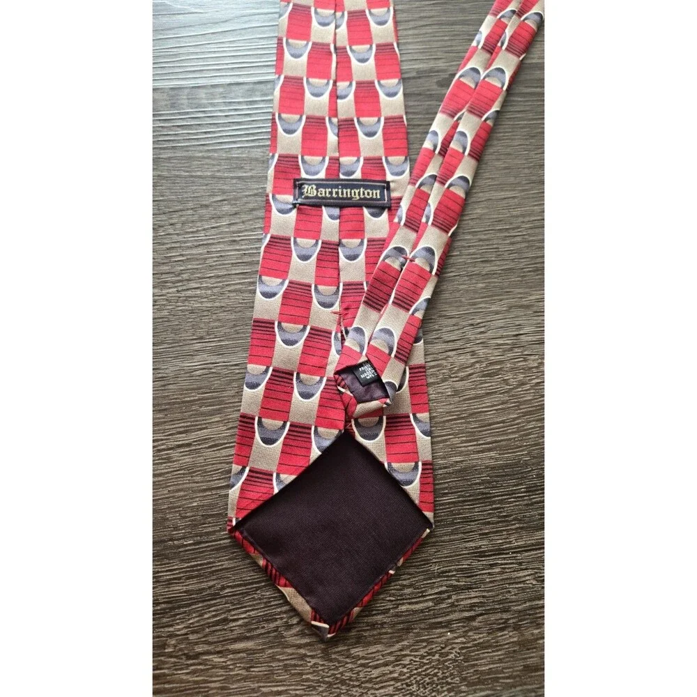 Barrington Red Beige Gray Black Geometric Silk Woven Men's Tie w/ Logo